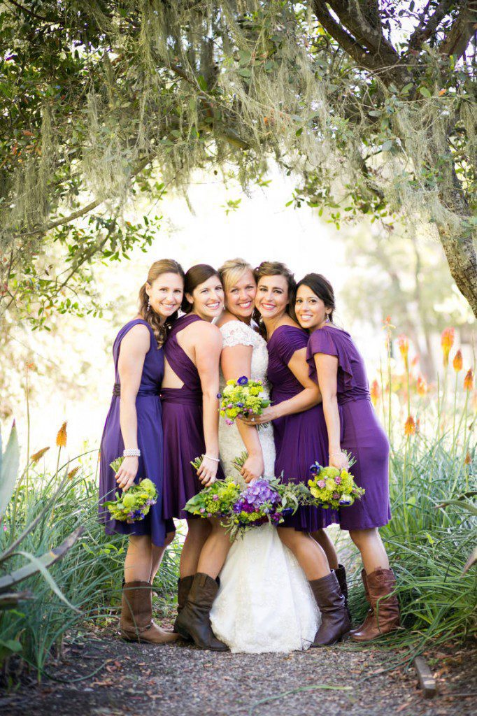 bridesmaids mismatched dresses purple ranch santa barbara wedding boots cowgirl